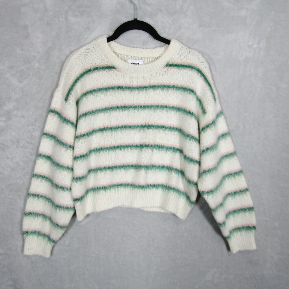 Obey Sweater Womens Small White Green Striped Fuzzy Knit Pullover Crewneck Cozy